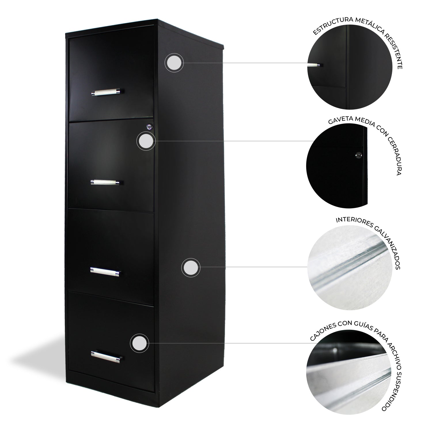 Archivero Metálico de 4 gavetas Carta modelo 16883 color Negro 7