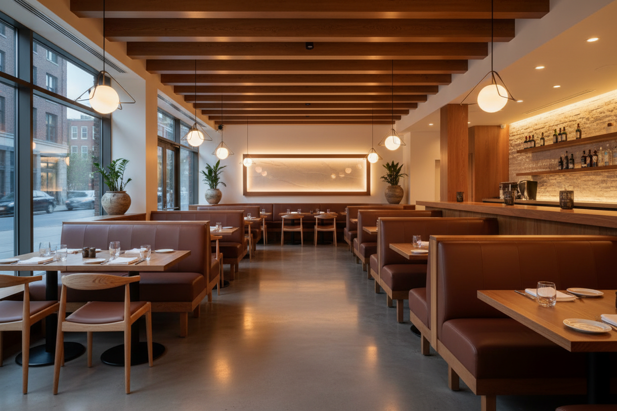 Sillas de madera y booths tapizados en restaurante moderno